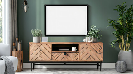 Wooden cabinet with mock up blank frame on it, scandinavian interior design of modern living room