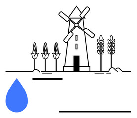 Windmill with four blades surrounded by corn and wheat plants beside a blue water droplet. Ideal for agriculture, sustainability, water conservation, renewable energy, food production, farm life