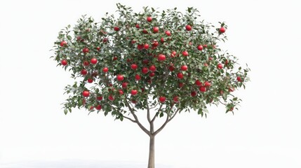 Abundant red apples on a tree, white background, orchard, healthy harvest