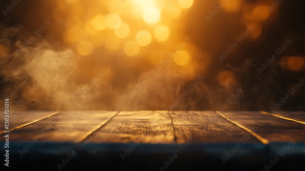 Aufkleber wooden table with no items on it serves as the backdrop, enhanced by smoke and the warm glow of gold