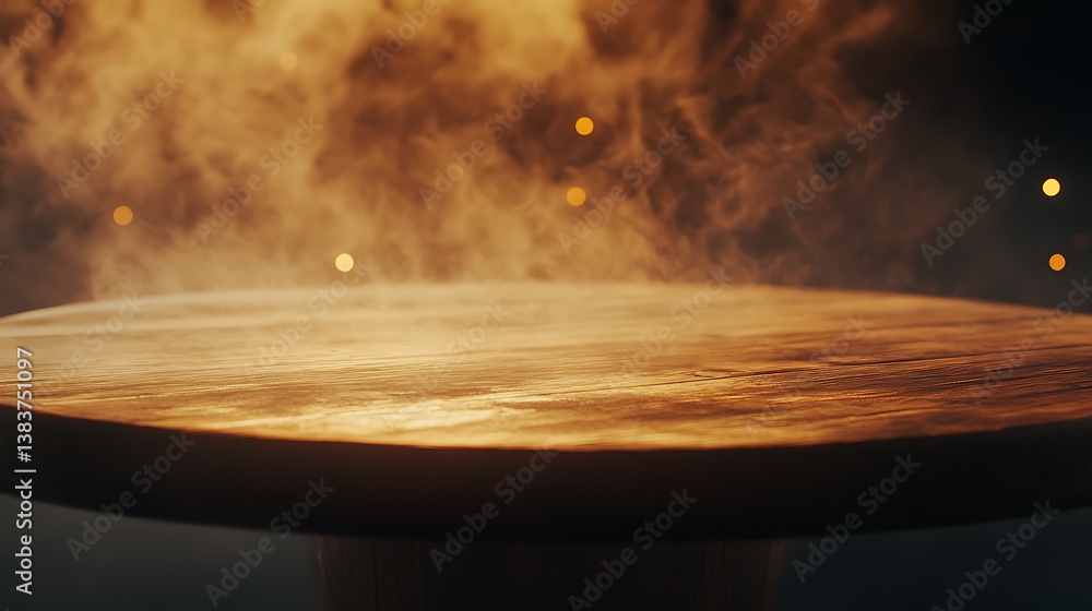 Poster wooden table with no items on it serves as the backdrop, enhanced by smoke and the warm glow of gold
