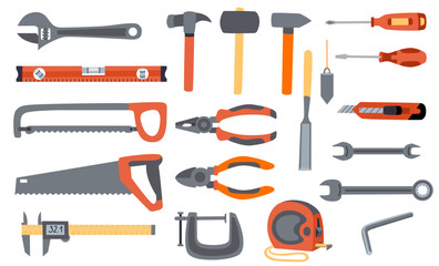 Hand drawn flat illustration of a hand tools set, featuring wrenches, hammers, saws, pliers, screwdrivers, a measuring tape, a level, a utility knife, a chisel, and more