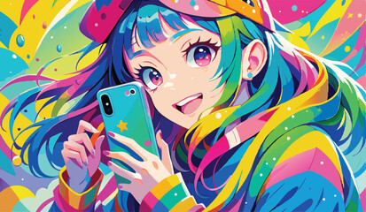 A vibrant, colorful illustration of a young girl with rainbow-colored hair, wearing a playful cap, holding a phone, smiling cheerfully, with a bright, anime-style background full of bold colors