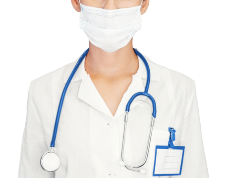 Doctor woman stands on background of brick wall concept to stop coronavirus. Girl Doctor wearing protection face mask against covid-19 Medical staff preventive gear about covid. Woman in medical mask - Powered by Adobe