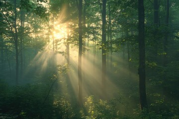 Sunlight filters through tall trees in a serene forest during early morning hours