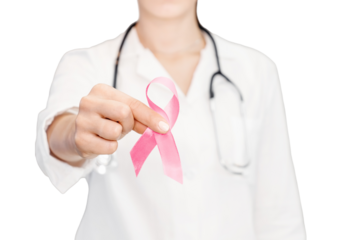 Doctor with pink ribbon and stethoscope on white background, close up. Breast cancer awareness. Healthcare and medicine concept girl doctor in medical gown with pink breast cancer awareness ribbon