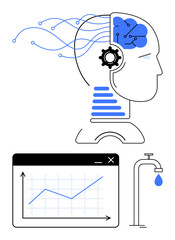 Human head with connected brain, gear mechanism, data flow, graph chart analytics, and a faucet dripping water. Ideal for AI, automation, machine learning, data processing computing technology