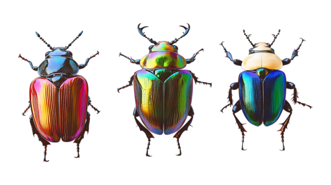 Pack of Jewel Scarab Beetles set Against Transparent Background for Insect Illustrations, Nature Education, or Entomology Projects