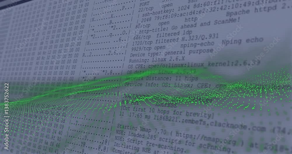 Poster overlaying green digital wave animation, terminal screen displaying network data analysis
