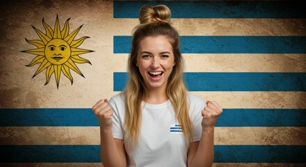 Uruguayan woman celebrating in front of a grunge vintage national flag backdrop