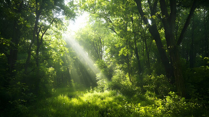 Fototapeta premium Sunlight Streams Through Lush Green Forest