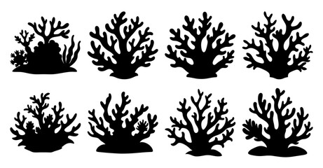 Collection of eight black silhouettes of various coral reef plants and seaweeds on a white background © pixostudio