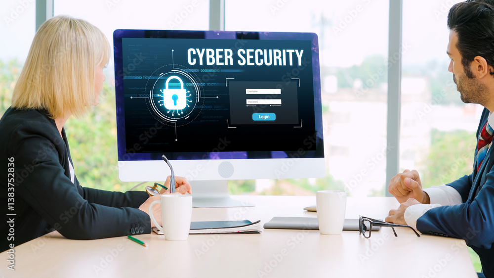 Poster cyber security system on computer screen protect private information snugly from hacker and cyber at