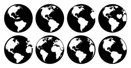 Obraz premium Eight stylized black and white illustrations of the Earth globe from different perspectives showing the Americas, suitable for educational or design purposes