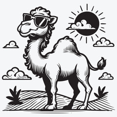 A Cartoon Camel with sun glasses is standing on the sand stock illustration