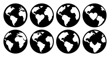 Collection of eight black and white earth globe icons some with a heart shape in the center representing love for the planet