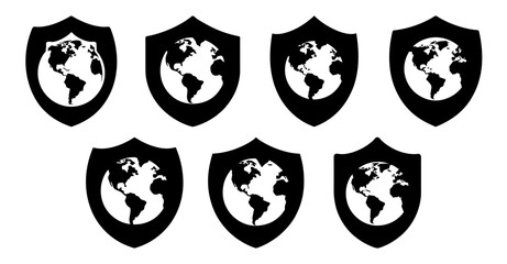 Global Protection Shields A Set of Six Black and White Icons Representing Worldwide Security and Safety