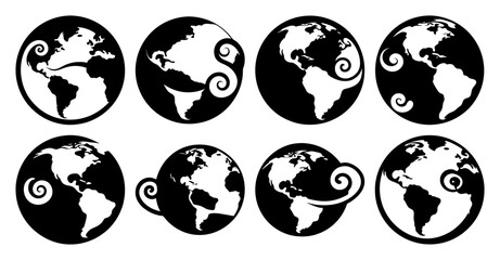 Eight stylized black and white globe illustrations featuring swirling designs