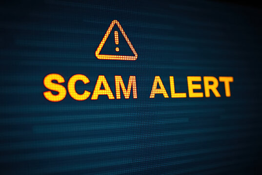Scam alert message icon. Warning, danger, fraud. Protect your information, online security.