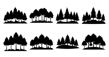 Obraz premium Collection of eight different black silhouettes of trees and forests on a white background, ideal for various design purposes