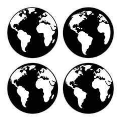 Four simple black and white illustrations of the Earth globe showing continents and oceans