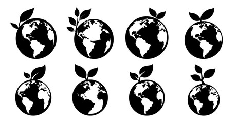 Eight variations of a black and white illustration showing the Earth with sprouting leaves symbolizing environmentalism and sustainability