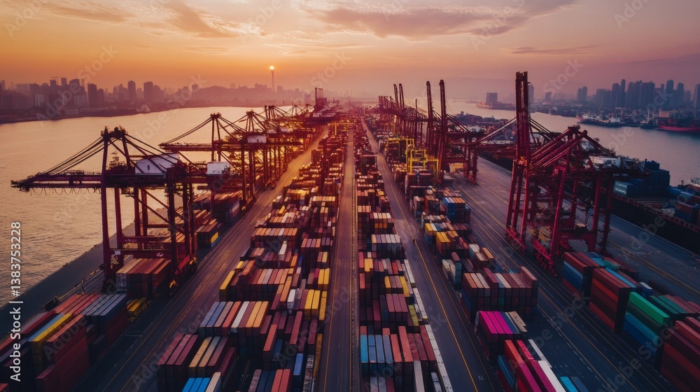 Poster container loading action at busy port urban landscape aerial view industrial environment shipping op