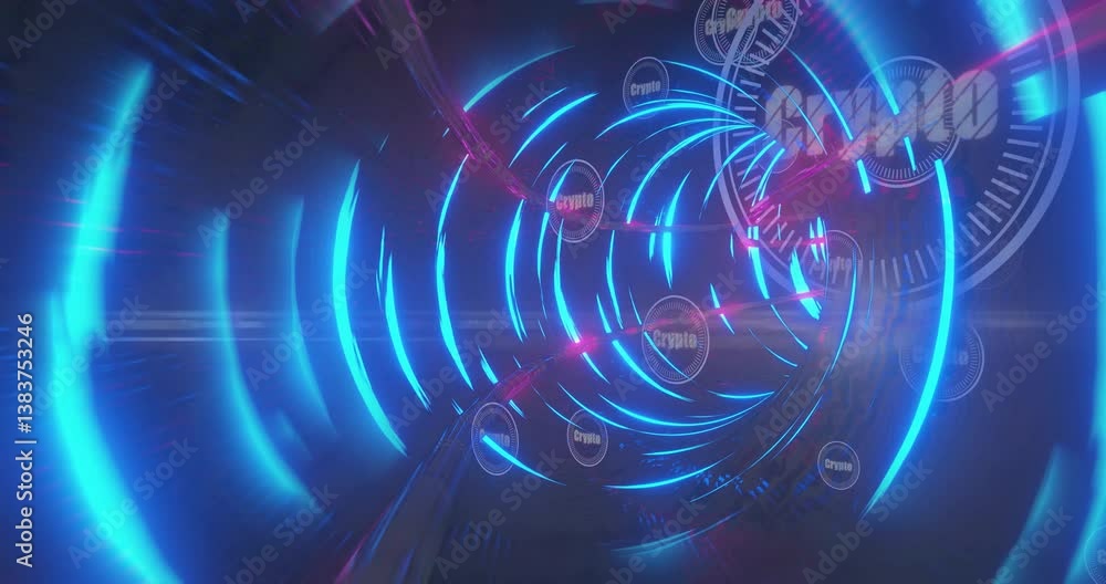 Poster glowing blue lights with crypto symbols creating animation in futuristic tunnel