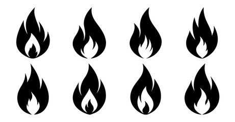 Collection of eight black flame icons isolated on white background.  Various stylized representations of fire suitable for logos or design elements.