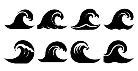 Set of Wave Vector Illustration with Sea Elements in a Black Silhouette 