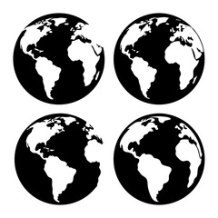 Four black and white illustrations of the Earth from different angles, showcasing a simplified map of the continents