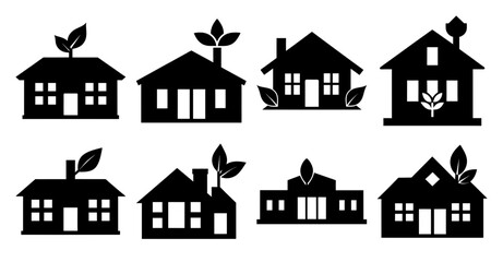 Collection of EcoFriendly House and Building Icons  Sustainable Home Designs in Black Silhouettes