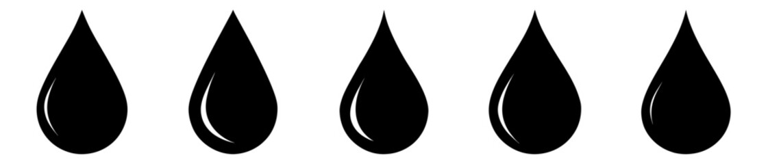 Collection of five black droplet icons on white background, simple and minimalist design, perfect for various applications.