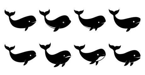 Collection of eight cute cartoon whale illustrations in black silhouettes on white background, ideal for kids books, marinethemed projects, and educational materials.