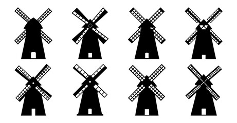 Collection of eight black windmill icons isolated on white background different styles and shapes of windmills