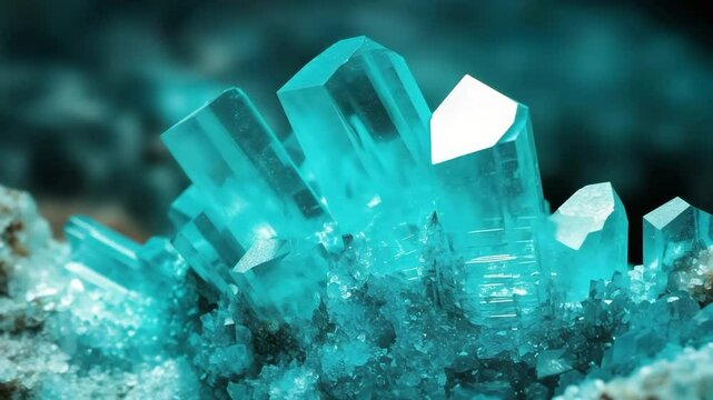 Stunning turquoise crystals with sharp edges, reflecting light beautifully. The crystals are arranged in a cluster, surrounded by smaller mineral formations, creating a mesmerizing natural display.