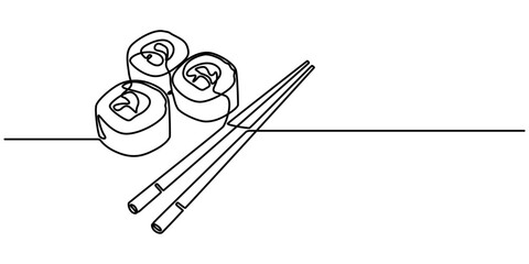 Continuous Line Drawing of Sushi Icon. Hand Drawn Symbol Vector Illustration, One line  Drawing or illustration of chopsticks holding a piece of sushi, minimalist and white background.