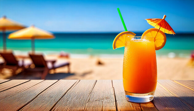 Un delicioso cocktail tropical frio  con zumo de naranja adornado con sombrilla y pajita en la mesa de un bar junto al mar en vacaciones de verano