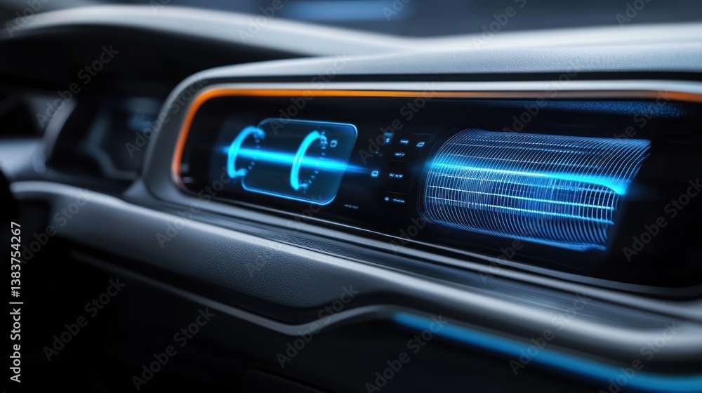 Poster futuristic vehicle dashboard with glowing blue interface elements displayed digitally