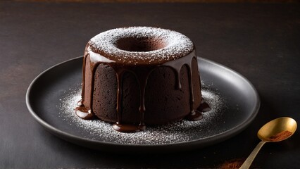 Decadent Chocolate Bundt Cake with Powdered Sugar and a Luscious Drizzle, Served on a Rustic Plate with Golden Spoon.