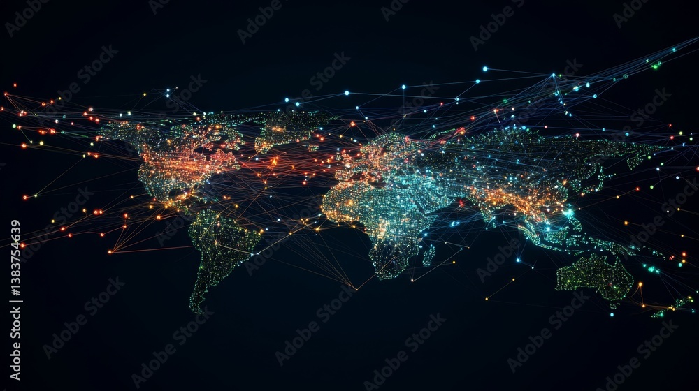 Poster global data connectivity visualized world map digital graphic technology environment aerial view net
