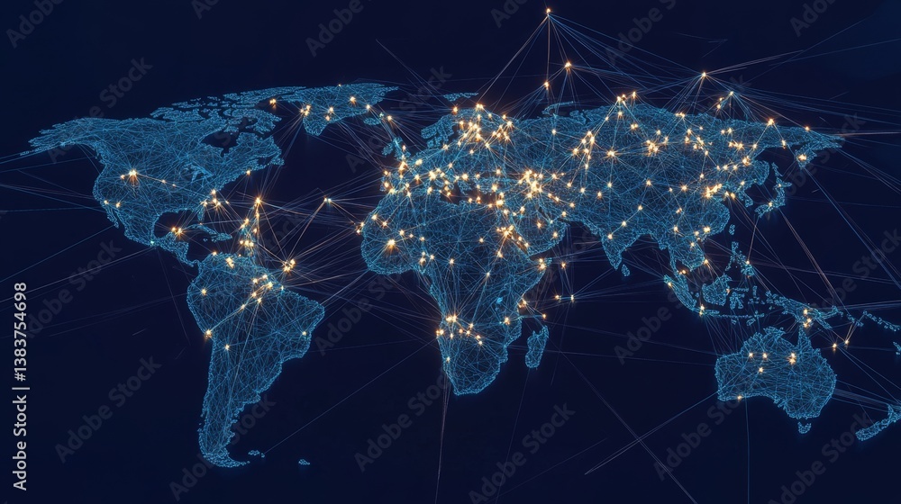 Poster global network connections world map digital visualization nighttime aerial view connectivity concep