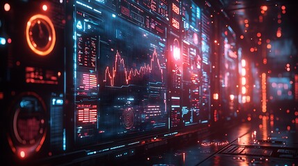 A futuristic augmented reality interface floating in mid-air, displaying holographic data, charts, and interactive elements in a sleek high-tech office with neon lighting and a cyberpunk aesthetic