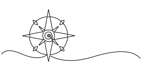 Continuous one line drawing of traveller compass. One line drawing illustration of compass navigate and adventure. Navigation, direction, journey concept line art. Editable outline, Magnetic compass. © SREESADHIN