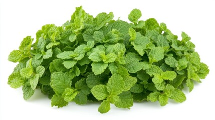 Obraz premium Fresh Mint Leaves Pile Isolated on White Background for Culinary Uses