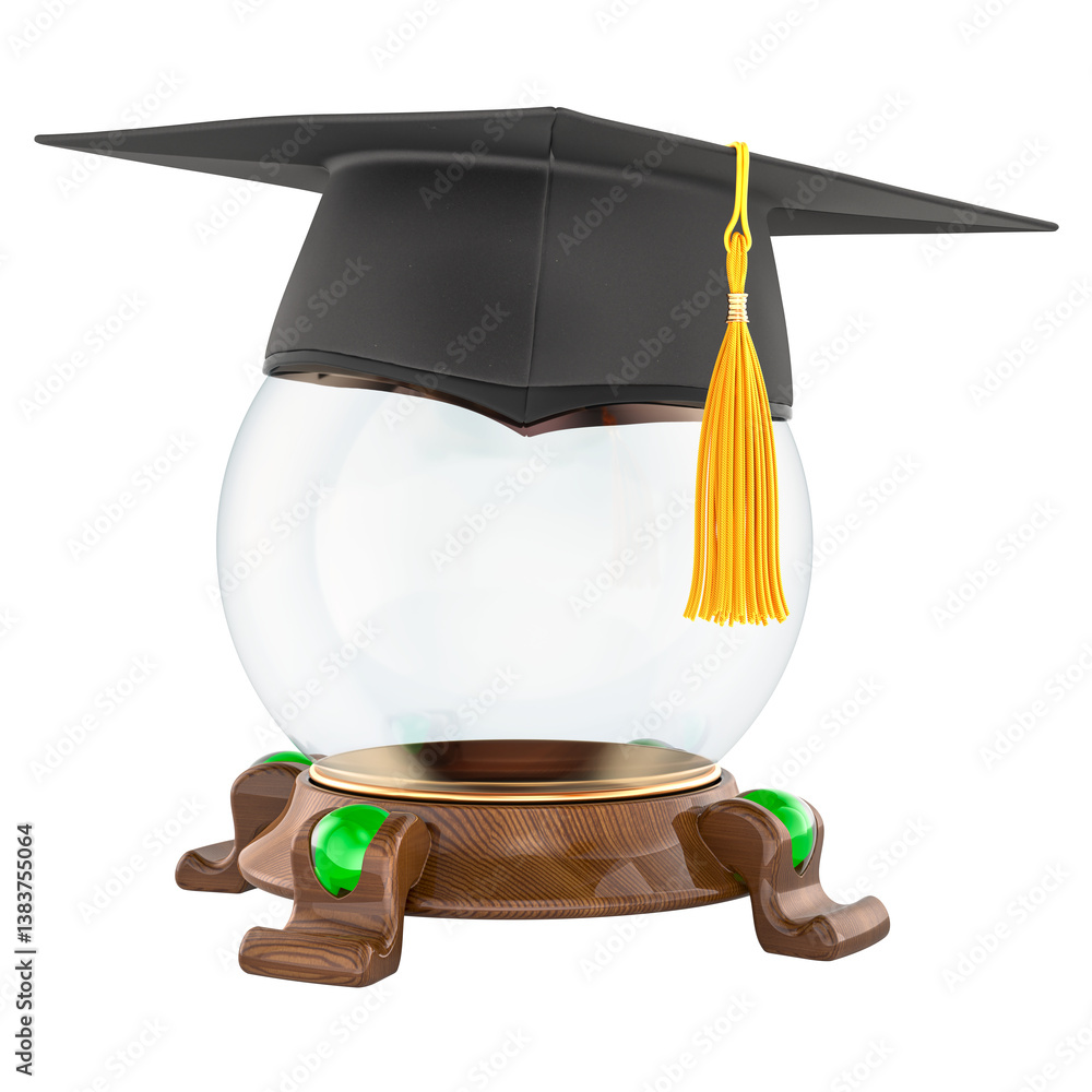 Poster crystal ball with graduation cap. 3d rendering isolated on transparent background