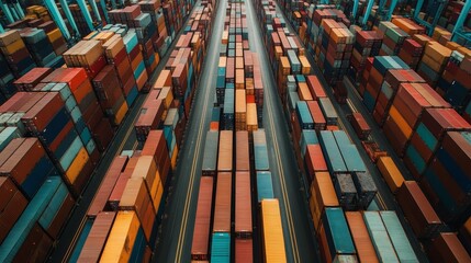 Cargo shipping operations port terminal aerial view industrial environment logistics management global trade