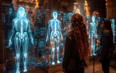 A futuristic AR museum exhibit where visitors interact with holographic historical figures telling stories in real-time