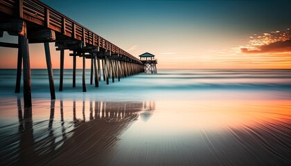 Obraz premium Pier stretching into ocean at sunset, colorful sky, reflection in water, beach landscape