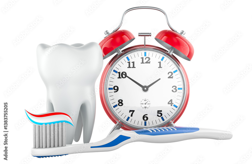 Poster tooth, toothbrush with toothpaste and alarm clock. 3d rendering isolated on transparent background